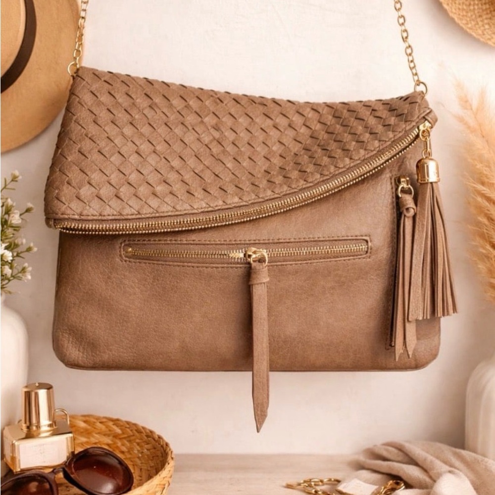 Moda Luxe Woven Flap Tassel Crossbody - Taupe